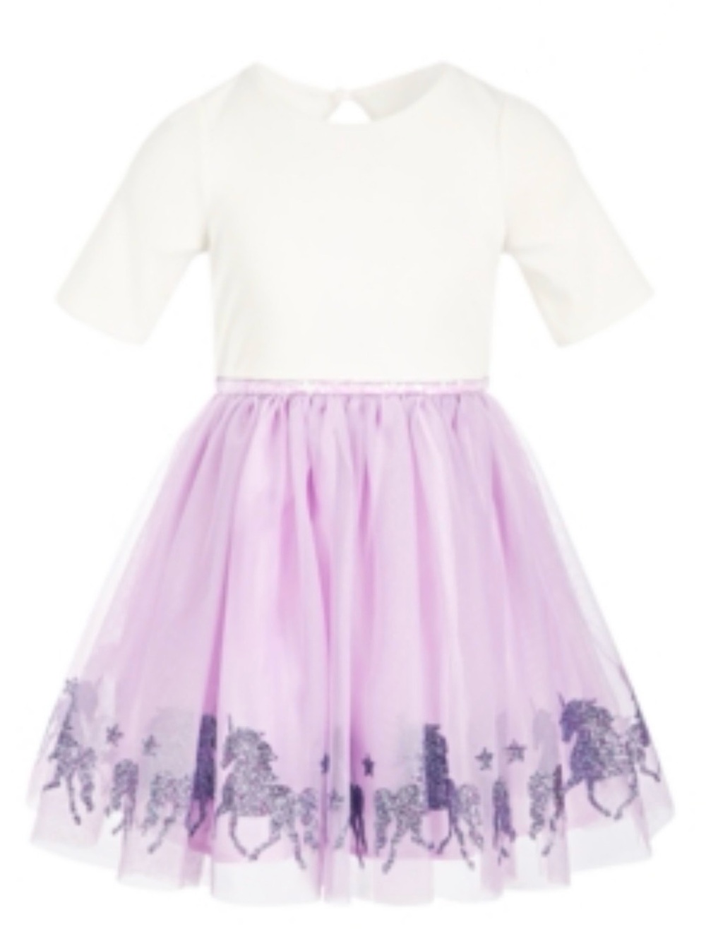 Pink Violet Purple and White Short Sleeve Tulle Dress w/ Sparkly Unicorns - Sz 6